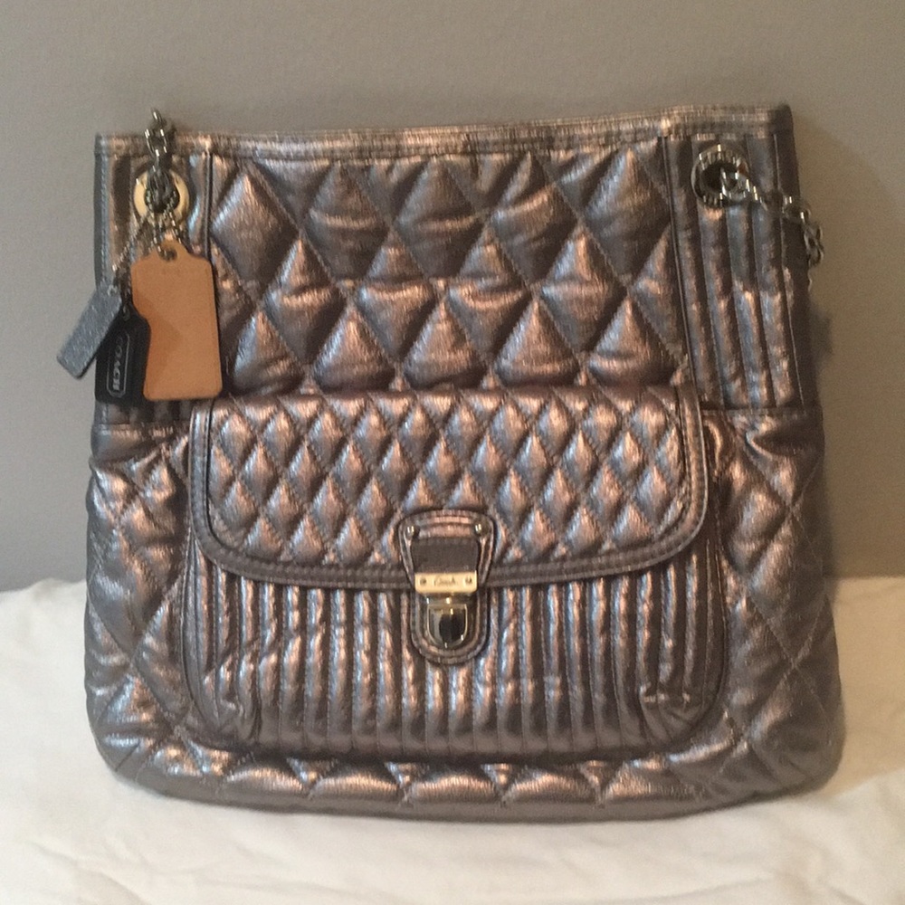 Coach Metallic Silver Quilted Leather Handbag